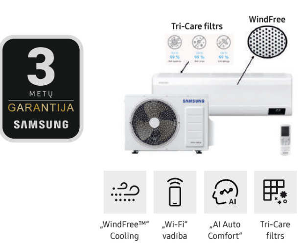 Samsung Nordic DLX (-30) Wind Free 2.5kW komplekts ar bezvadu pulti, 3 gadu garantija 